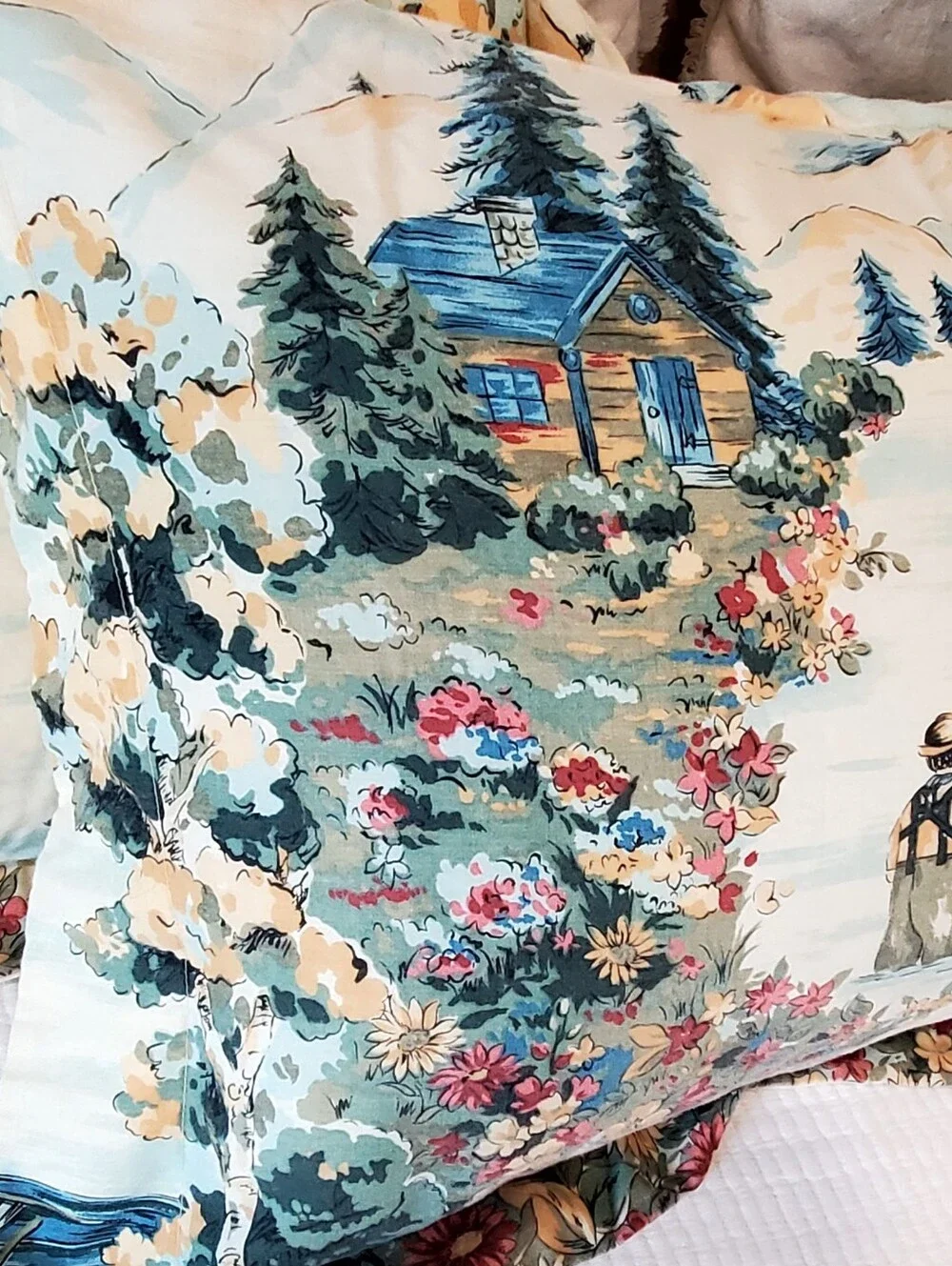 3 Vintage Pillow Shams Fisherman/Cabin/Mountains Creamy Ivory/Blues EUC